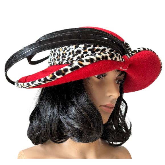 NWT Vintage 1960's Mr. John Classic Hat Red with animal print & large feathers - Picture 1 of 15